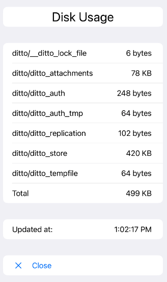 Screenshot of Ditto disk usage on an application