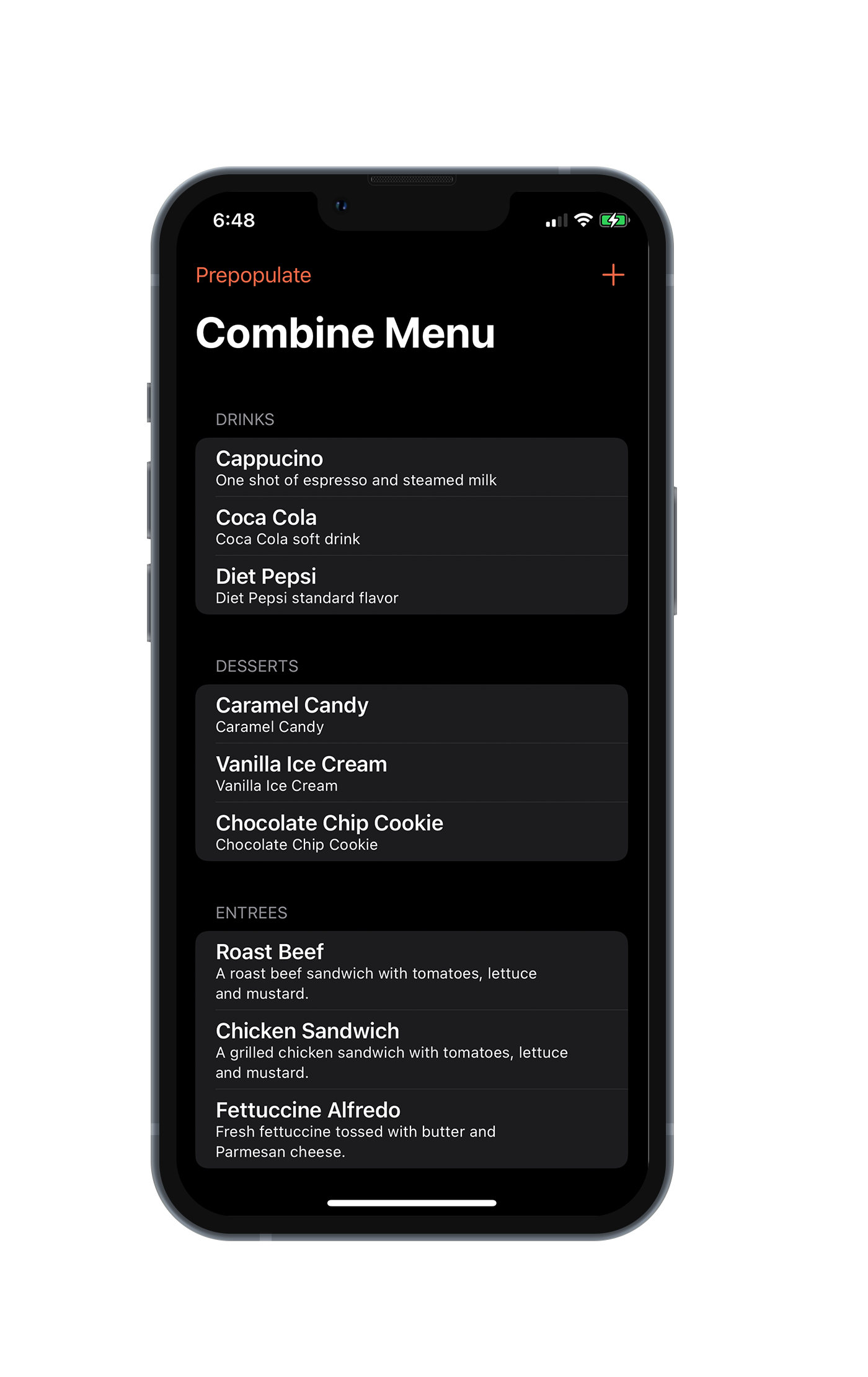 Combine Menu example using Ditto on phone. 